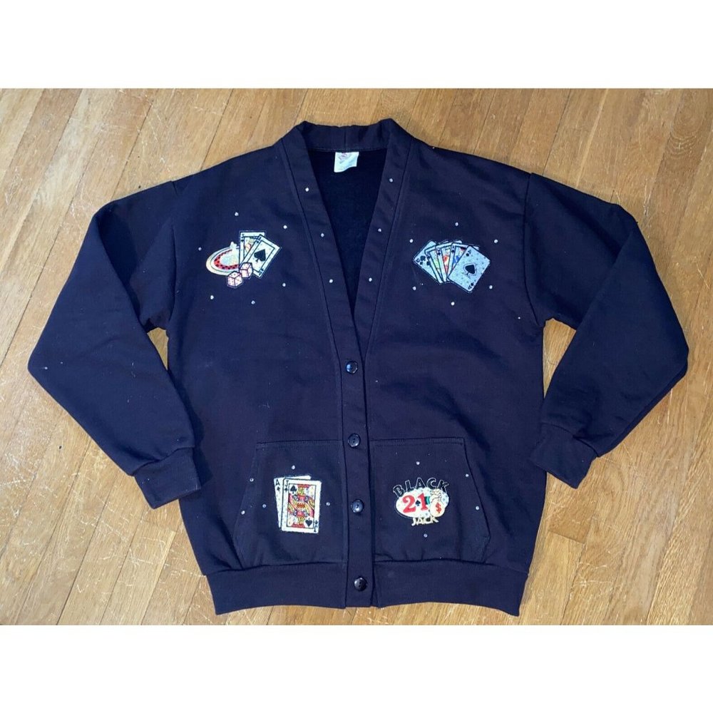 Womens Built To Last Lucky Casino Cardigan L XL Blackjack Roulette Poker Bling